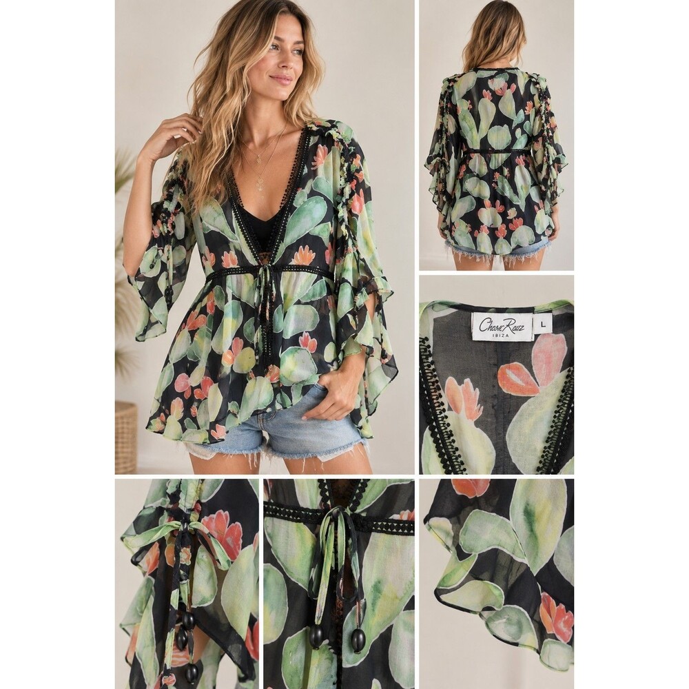 Charo Ruiz Ibiza Cactus Print Cover Up Sz 2 4-6 Sheer Lace Beach Boho Spain